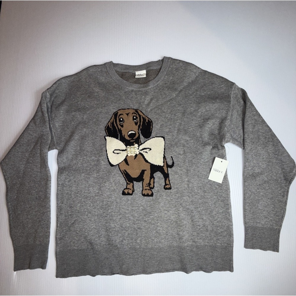 Nikka K Adorable‎ Grayish Dachshund  Large Bow Pearl Detail NWT Sweater L